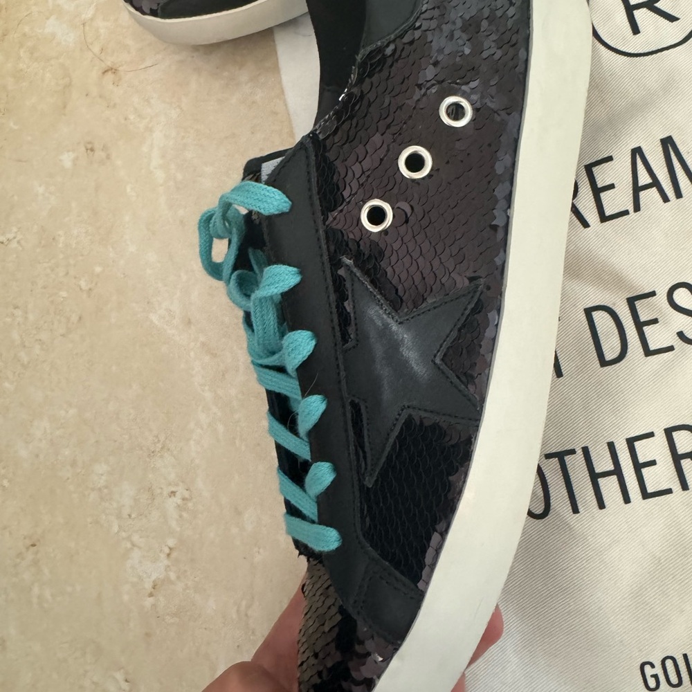 Golden Goose Women's Black Sequin Sneakers with Teal Laces - Picture 2 of 5